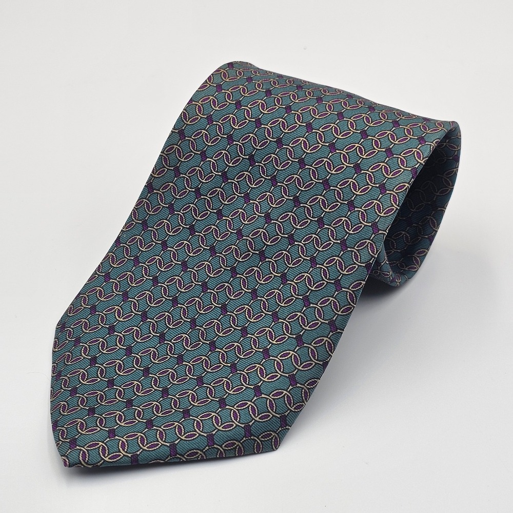 Bert Pulitzer Silk Tie Teal Blue Purple Geometric Link Made in USA Vintage